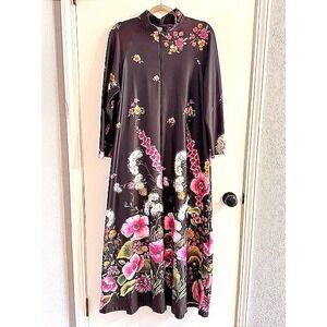 Vintage NPC Fashions Brown Floral Caftan Maxi Day Dress/ House Coat 70's Groovy